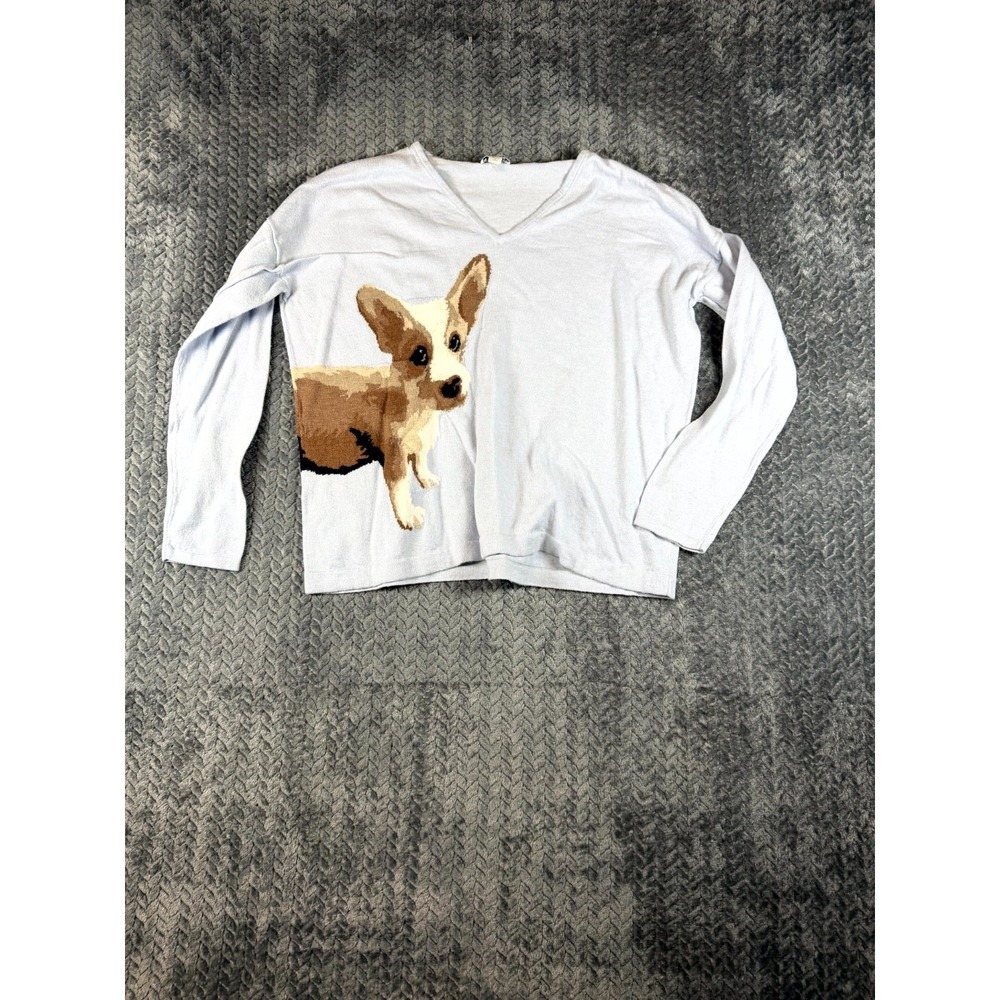 J.Jill Sweater Womens Petite Small Beige Pembroke Welsh Corgi Dog Knit V Neck